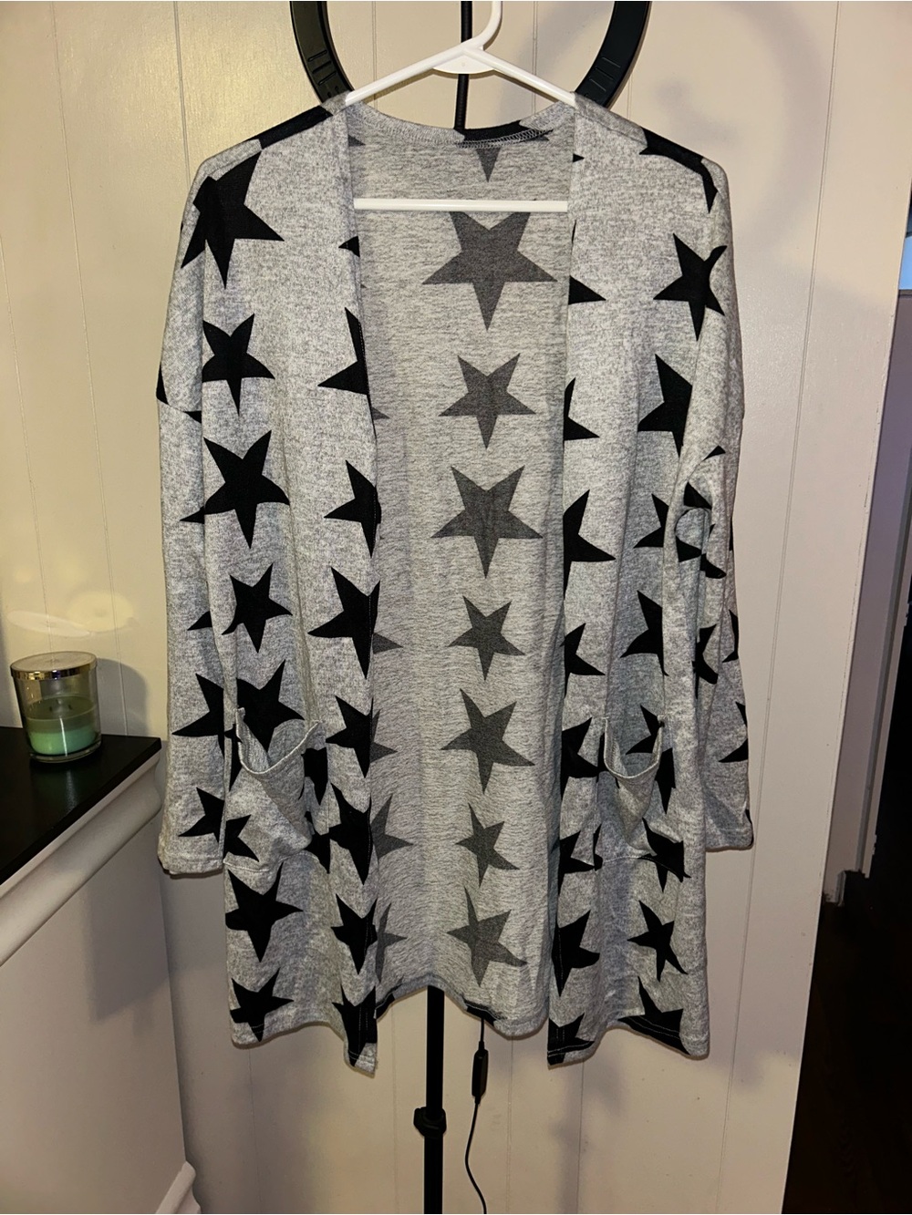 Gray Star Print Open-Front Women's Cardigan